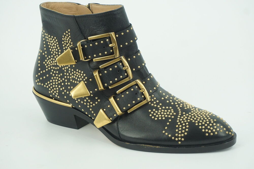 Chloe Suzanna Black Leather copper Studded Ankle Boot Size 35 $1380 Belted